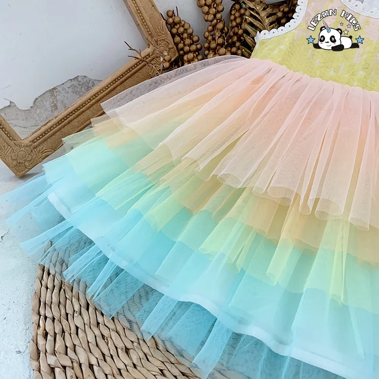 LEZONKIDS - OEM Girls Mesh Rainbow Tutu Dress Kids Sequin Mesh Party Dress Evening Party Princess Dress for Kids